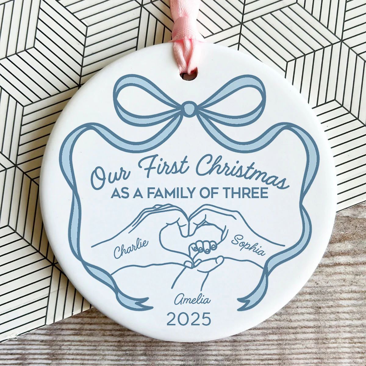 Family Heart Hand First Christmas As Family Of Three Christmas Personalized Ceramic Ornament - Image 8