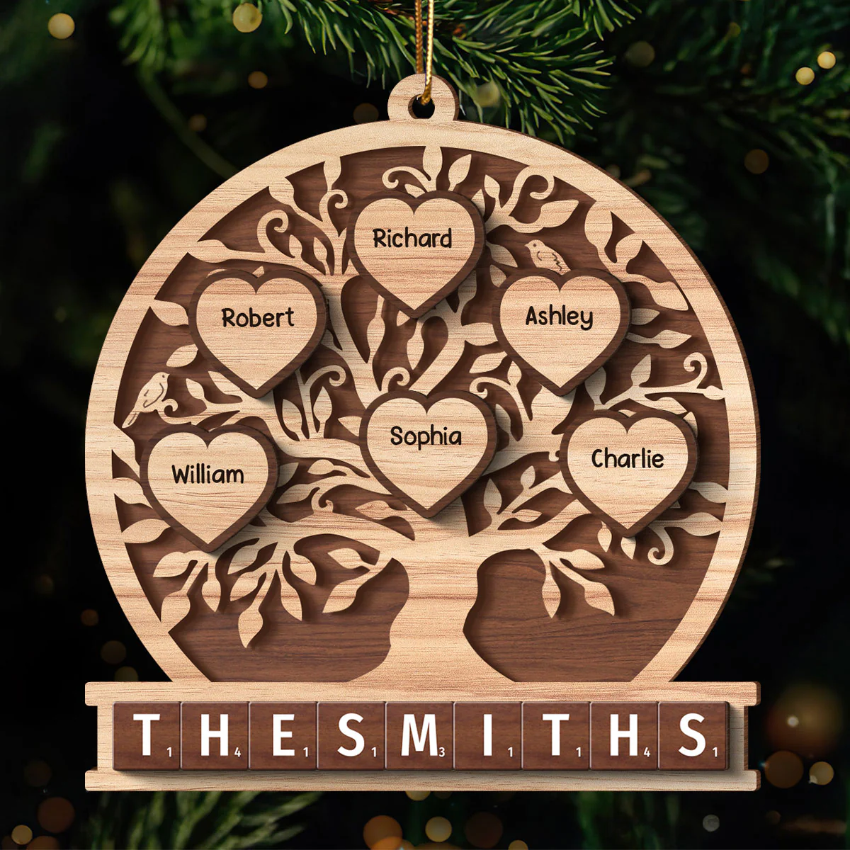 Family Heart Tree Of Life 2-Layered Wooden Ornament, Personalized Family Crossword 2-Layered Wooden Ornament