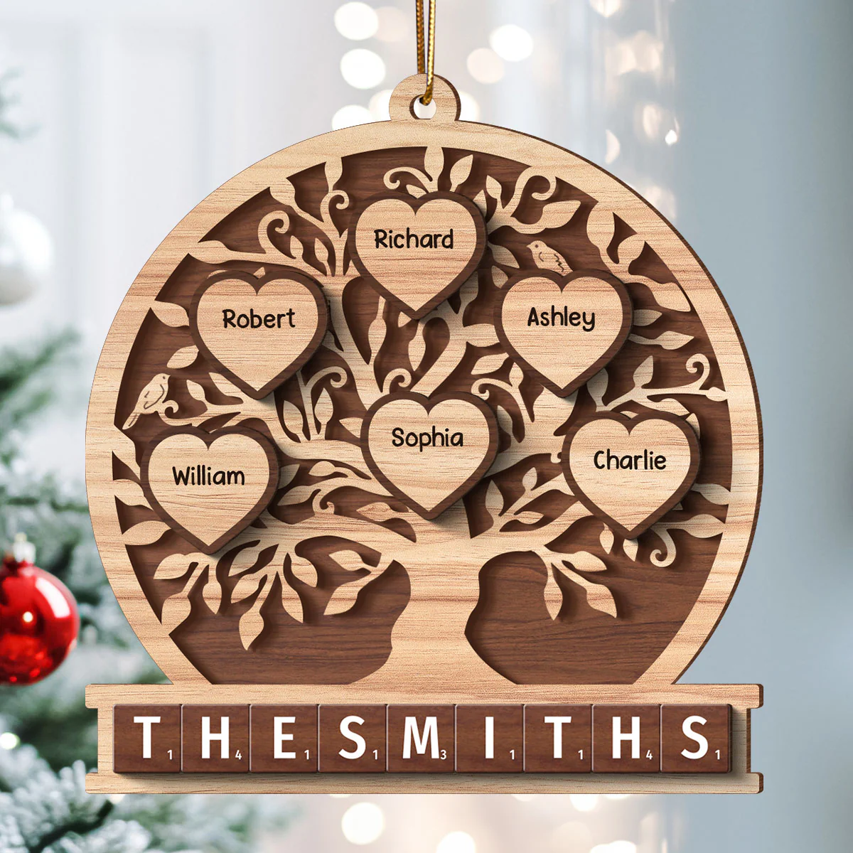 Family Heart Tree Of Life 2-Layered Wooden Ornament, Personalized Family Crossword 2-Layered Wooden Ornament - Image 2