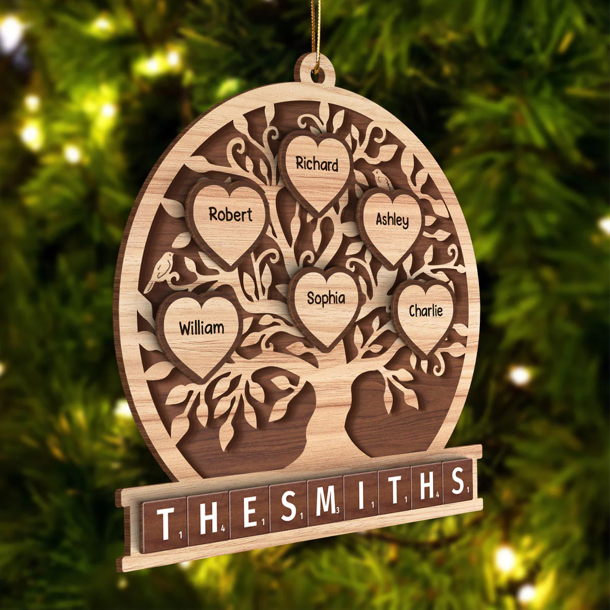 Family Heart Tree Of Life 2-Layered Wooden Ornament, Personalized Family Crossword 2-Layered Wooden Ornament - Image 3