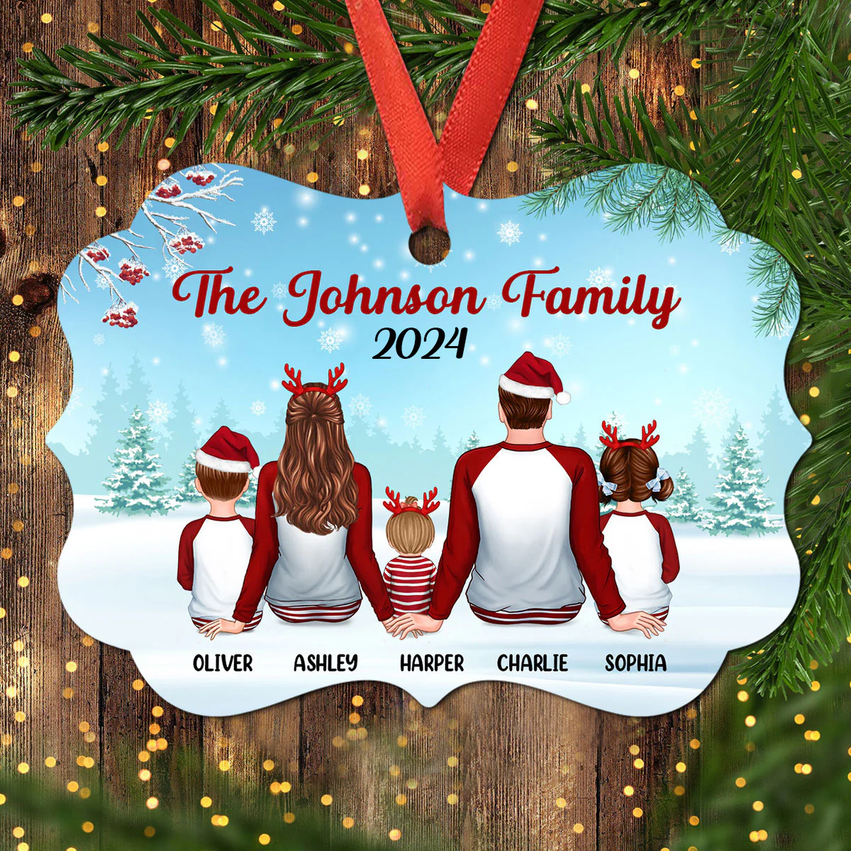 Family In Snow Back View Personalized Christmas Aluminium Ornament - Image 2