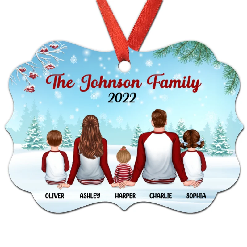 Family In Snow Back View Personalized Christmas Aluminium Ornament - Image 3