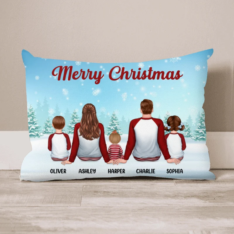 Family In Snow Back View Personalized Christmas Pillow (Insert Included) - Image 5