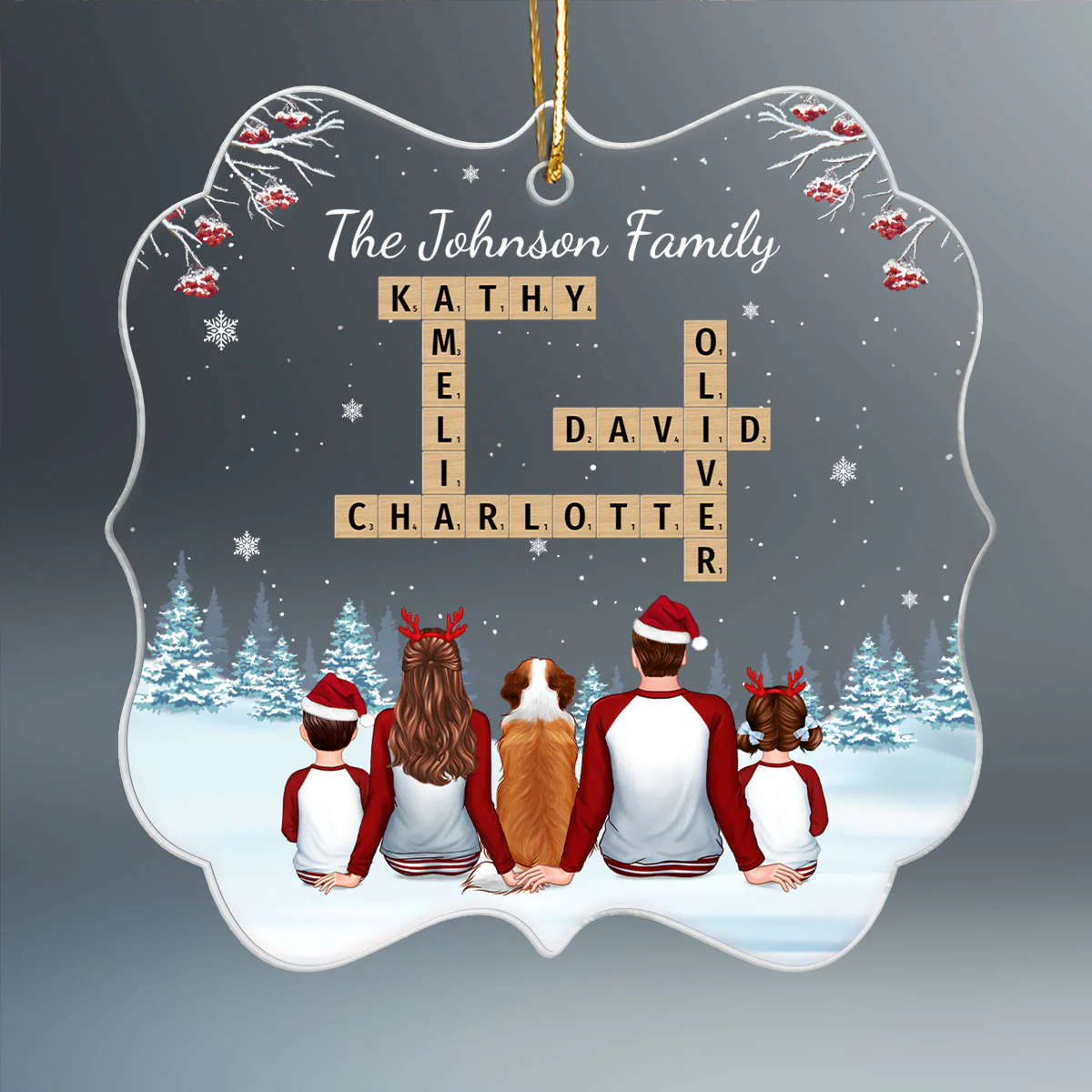 Family In Snow Crossword Puzzle Art Personalized Acrylic Ornament - Image 2