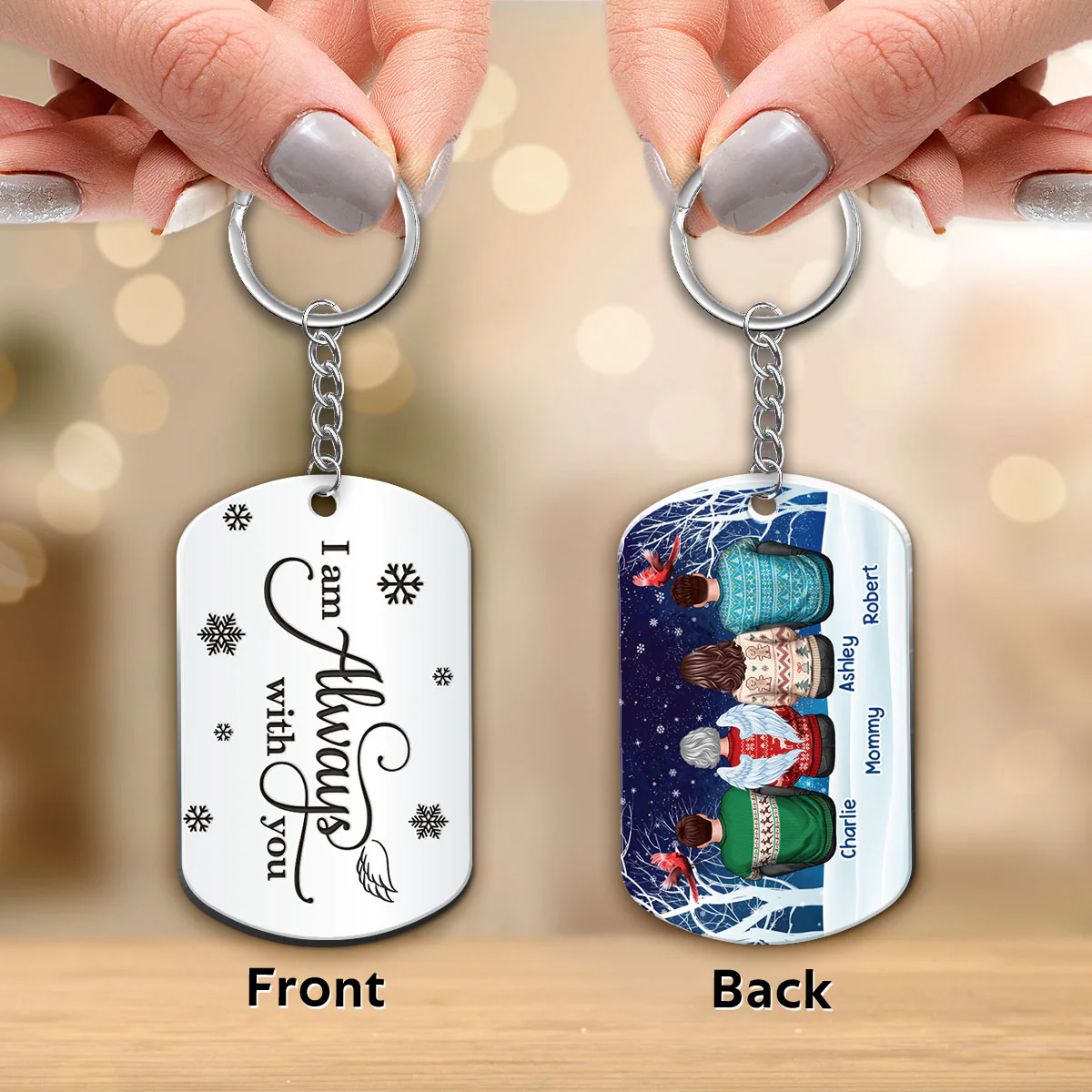 Family In Snow Memorial Cardinal Personalized Metal Keychain - Image 2