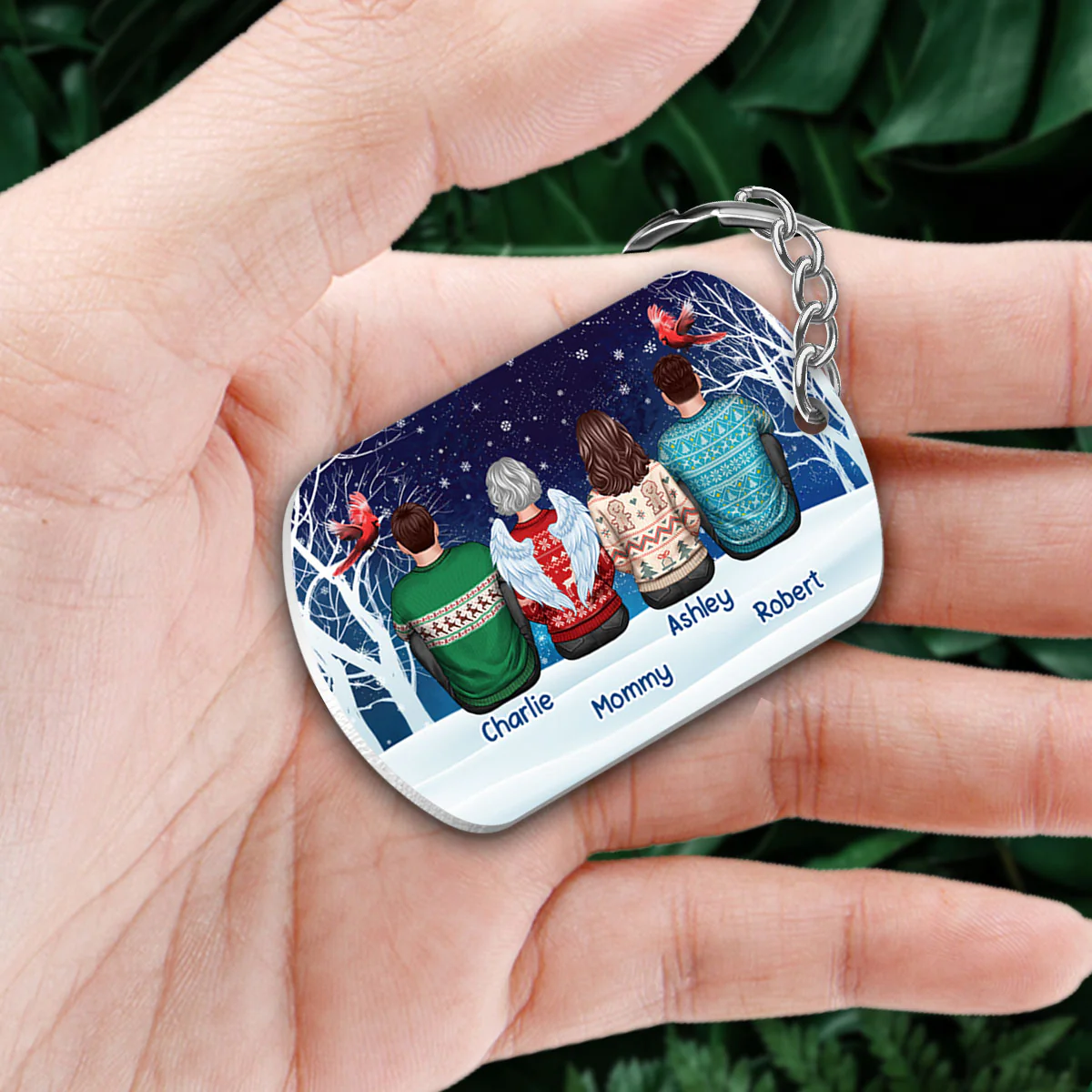 Family In Snow Memorial Cardinal Personalized Metal Keychain - Image 3