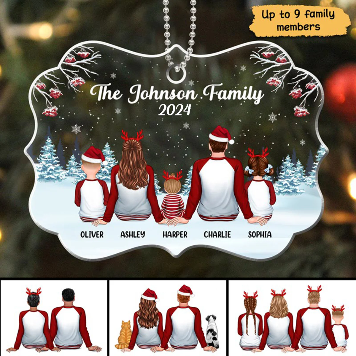 Family In Snow Pajamas Sitting Personalized Acrylic Ornament - Image 3