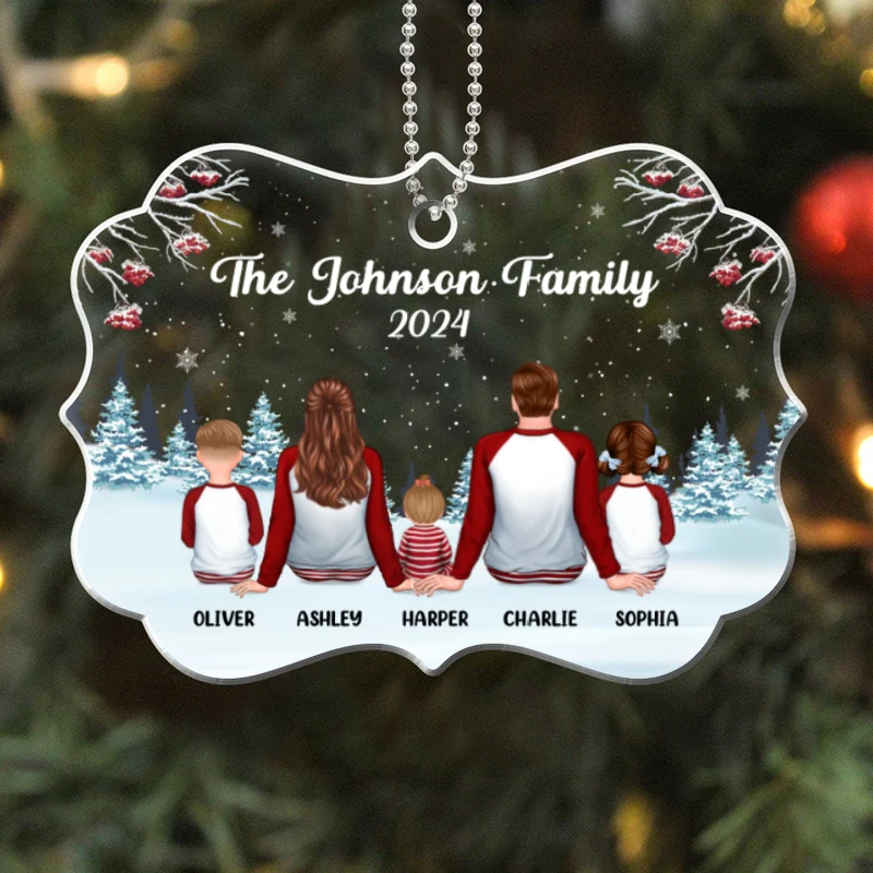 Family In Snow Pajamas Sitting Personalized Acrylic Ornament - Image 4