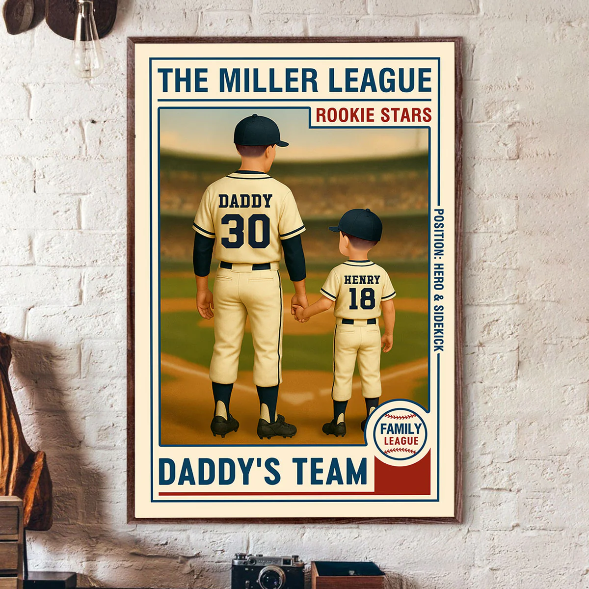 Family League Daddy's Team No. 1 Dad Man & Kids Baseball Retro Personalized Poster, Father's Day Gift for Dad, Gift for Husband - Image 3