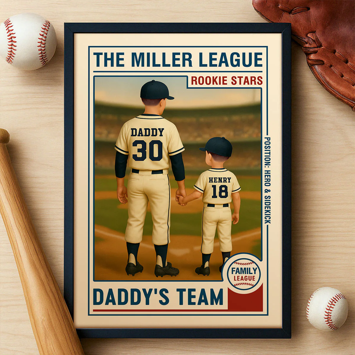 Family League Daddy's Team No. 1 Dad Man & Kids Baseball Retro Personalized Poster, Father's Day Gift for Dad, Gift for Husband - Image 4