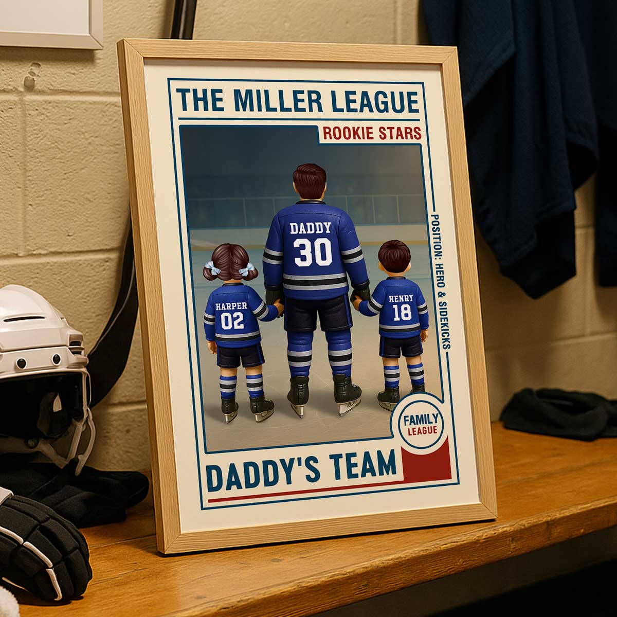 Family League Daddy's Team No. 1 Dad Man & Kids Hockey Retro Personalized Poster - Image 6