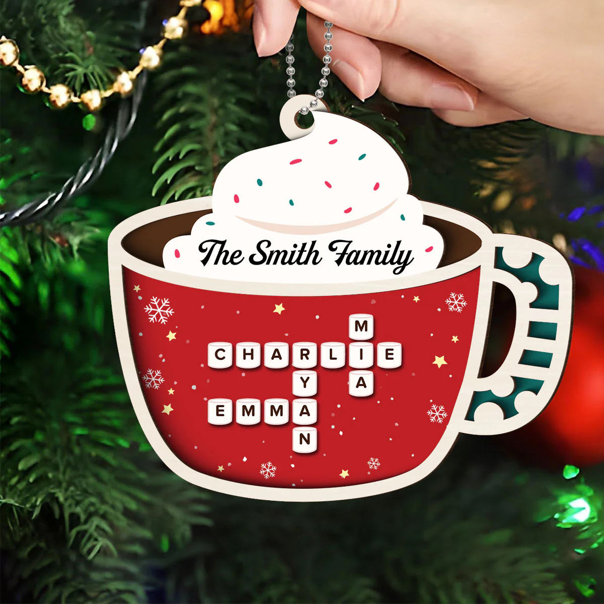 Family Marshmallow In Hot Cocoa Crossword 2-Layered Wooden Ornament, Personalized Christmas Ornament, Unique Decoration For Family - Image 4