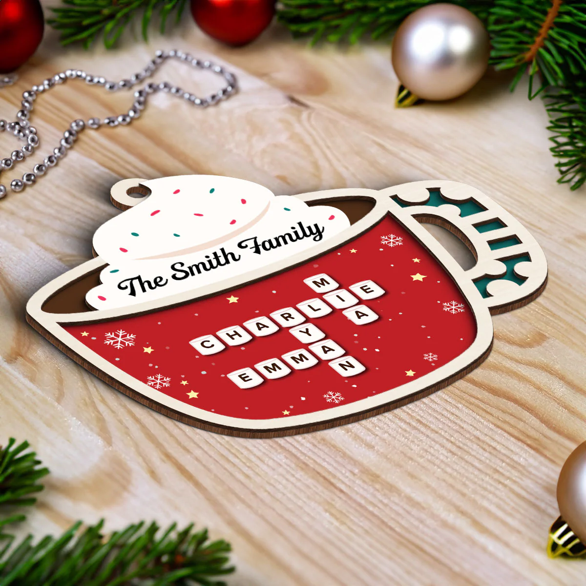 Family Marshmallow In Hot Cocoa Crossword 2-Layered Wooden Ornament, Personalized Christmas Ornament, Unique Decoration For Family - Image 5