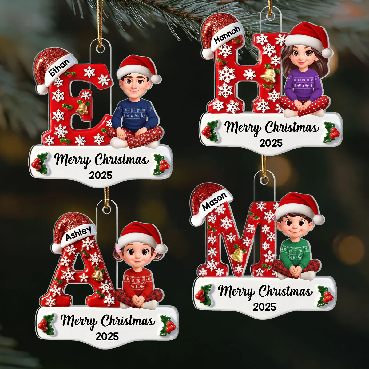 Family Member Christmas Festive Initial Name - Personalized Acrylic Ornament - Image 4