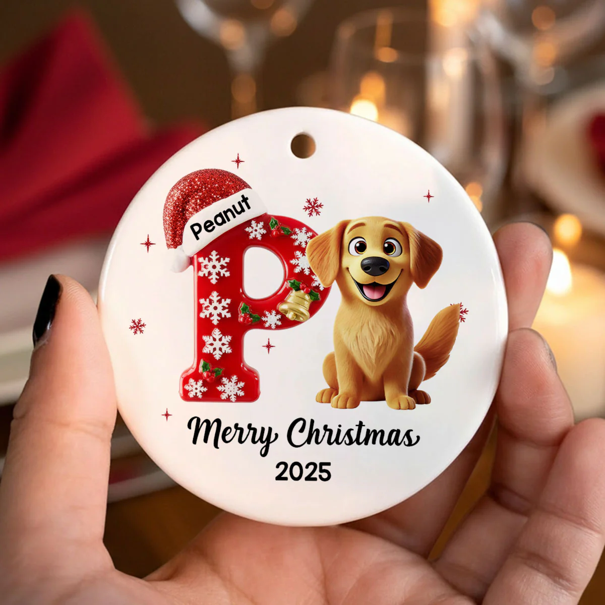 Family Member Christmas Festive Initial Name - Personalized Ceramic Ornament - Image 4