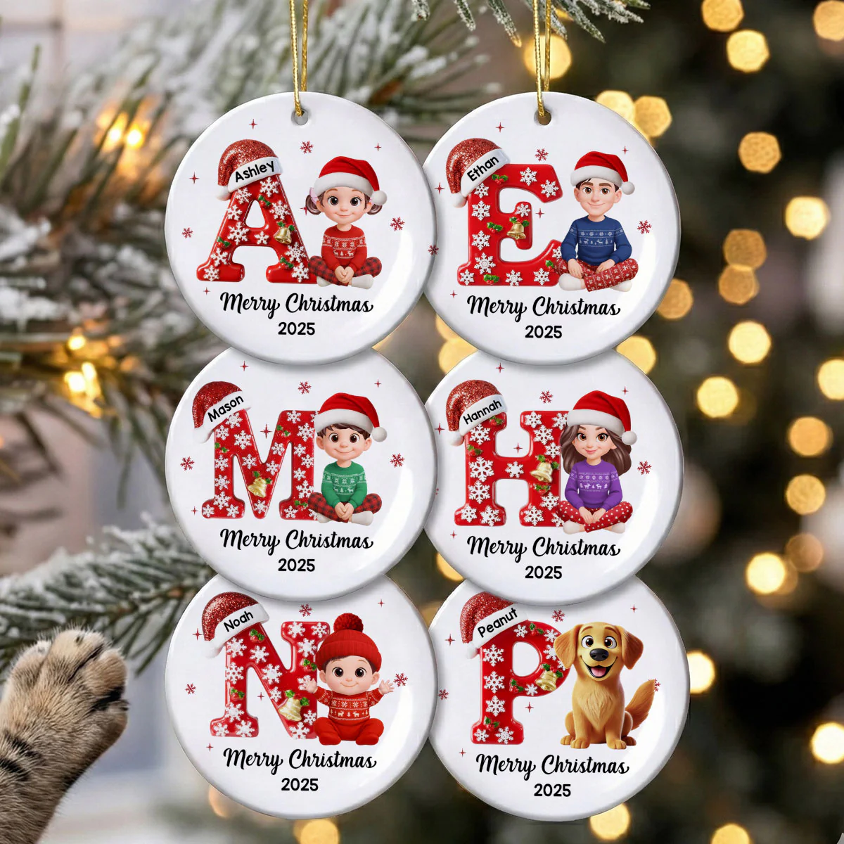 Family Member Christmas Festive Initial Name - Personalized Ceramic Ornament - Image 5