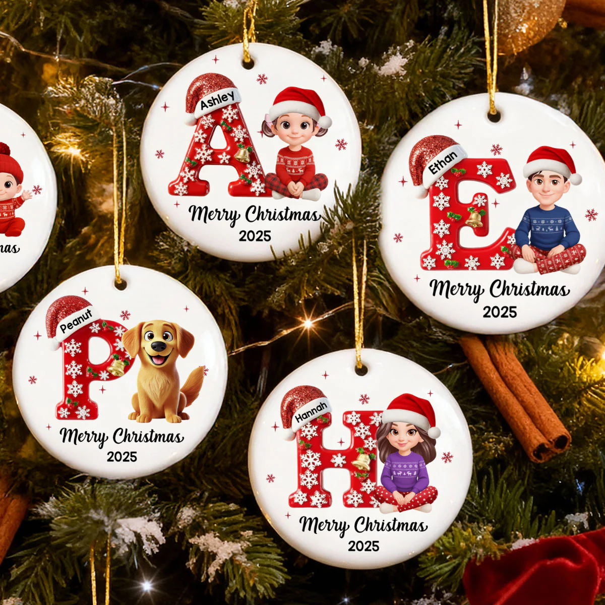 Family Member Christmas Festive Initial Name - Personalized Ceramic Ornament - Image 7
