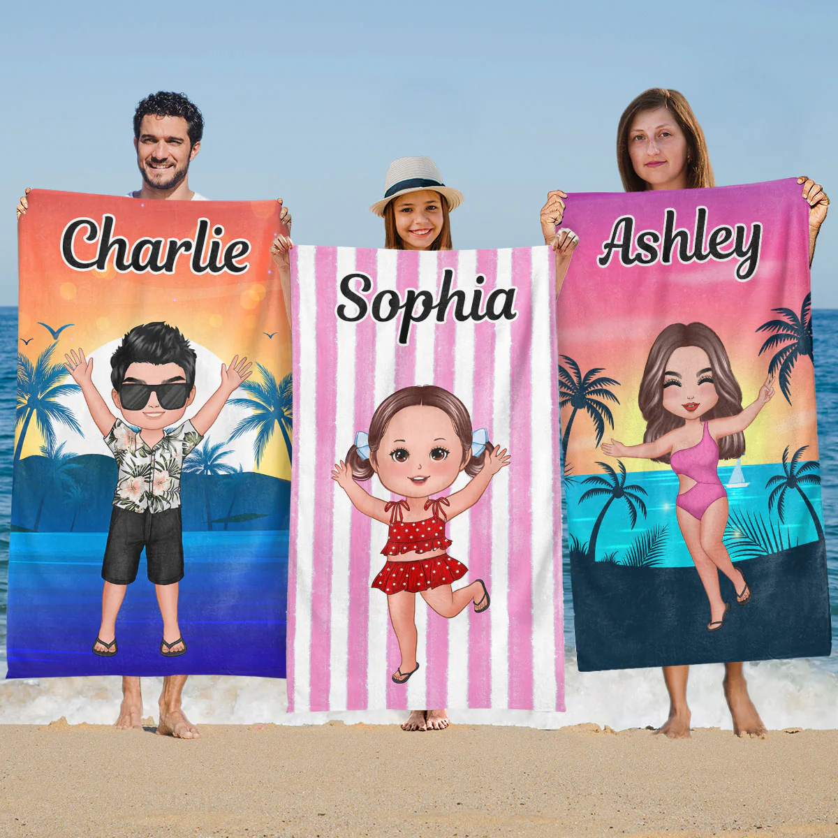 Family Member Happy Doll Dad Mom Kids Personalized Beach Towel