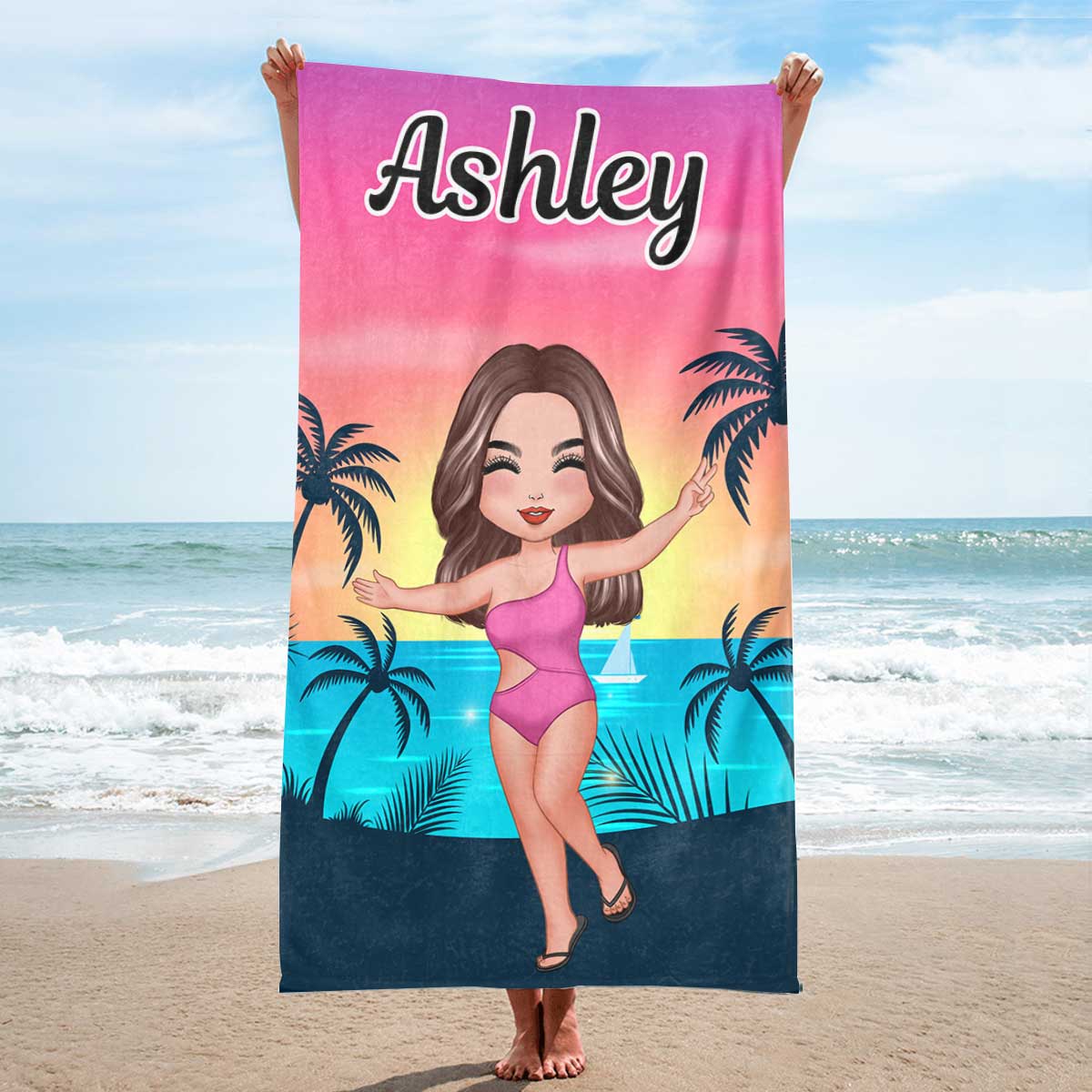 Family Member Happy Doll Dad Mom Kids Personalized Beach Towel - Image 3
