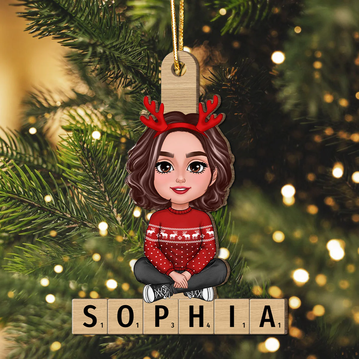 Family Member Sitting On Name Unique Christmas Gift Personalized Wooden Ornament - Image 3