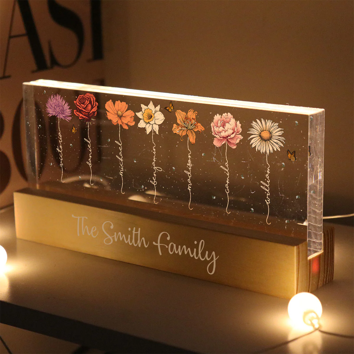 Family Members Birth Month Flowers Personalized Acrylic Block LED Night Light, Gift For Dad, Mom, Son, Daughter - Image 3