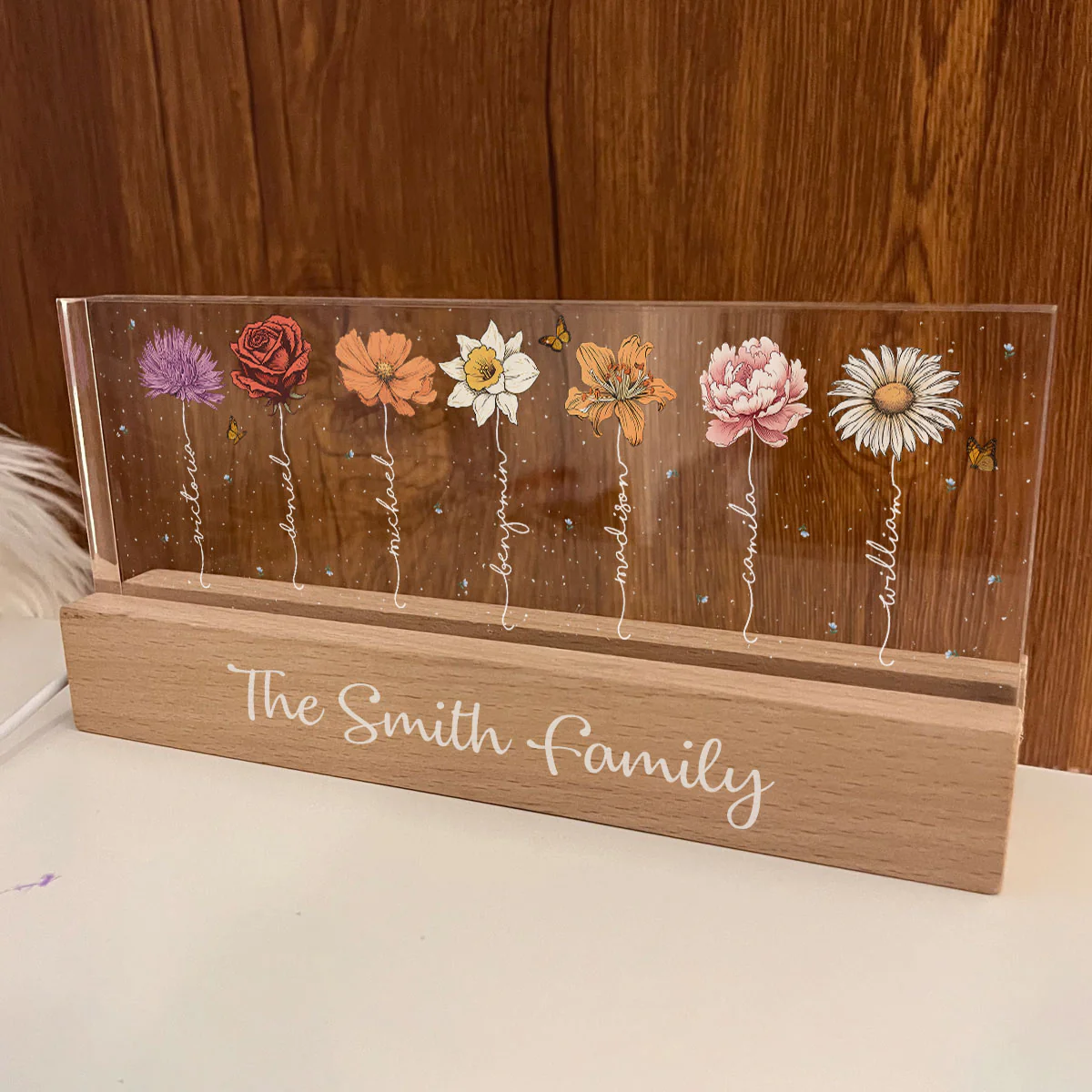 Family Members Birth Month Flowers Personalized Acrylic Block LED Night Light, Gift For Dad, Mom, Son, Daughter - Image 4