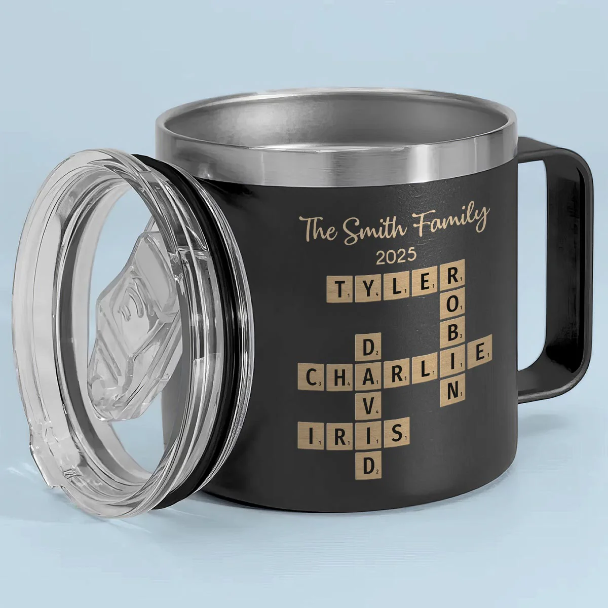 Family Members Names Crossword Puzzle Art Personalized Stainless Steel Tumbler With Handle - Image 2