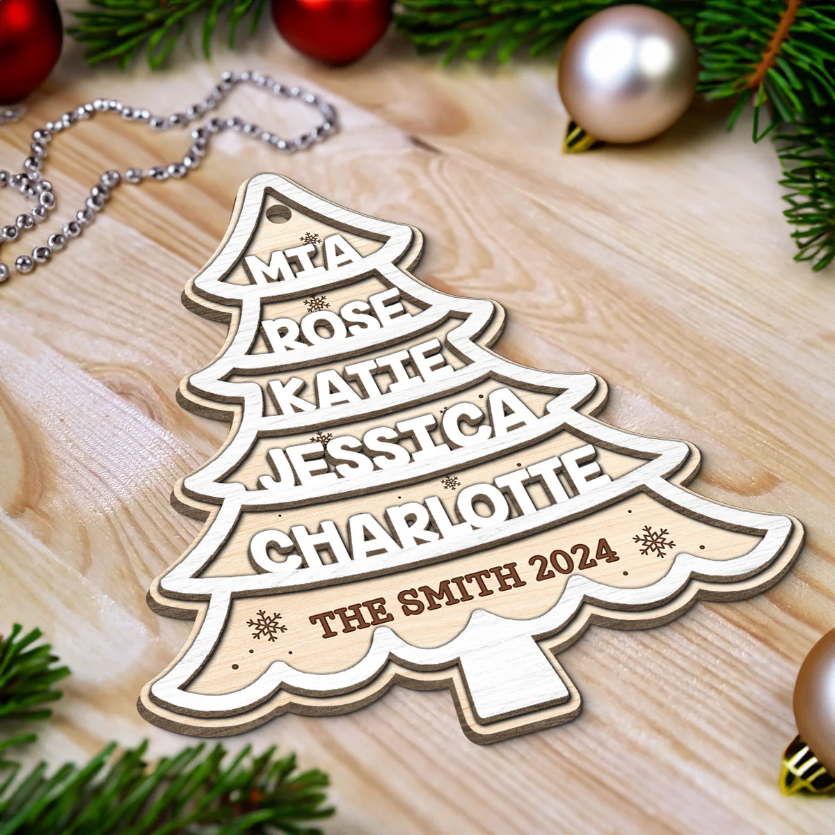 Family Members Names White Christmas Tree Personalized 2-Layer Wooden Ornament - Image 4