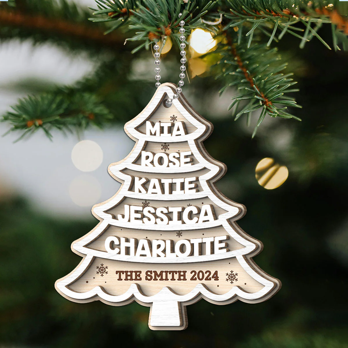 Family Members Names White Christmas Tree Personalized 2-Layer Wooden Ornament - Image 7