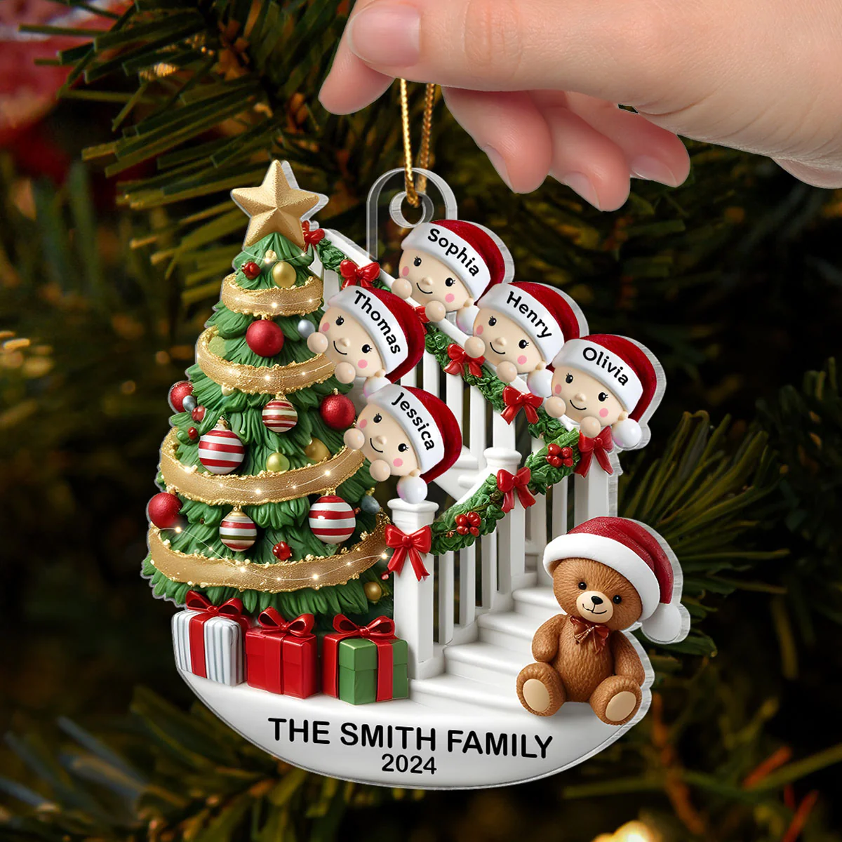 Family Members On Christmas Stairs 3D Effect Personalized Acrylic Flat Ornament - Image 2