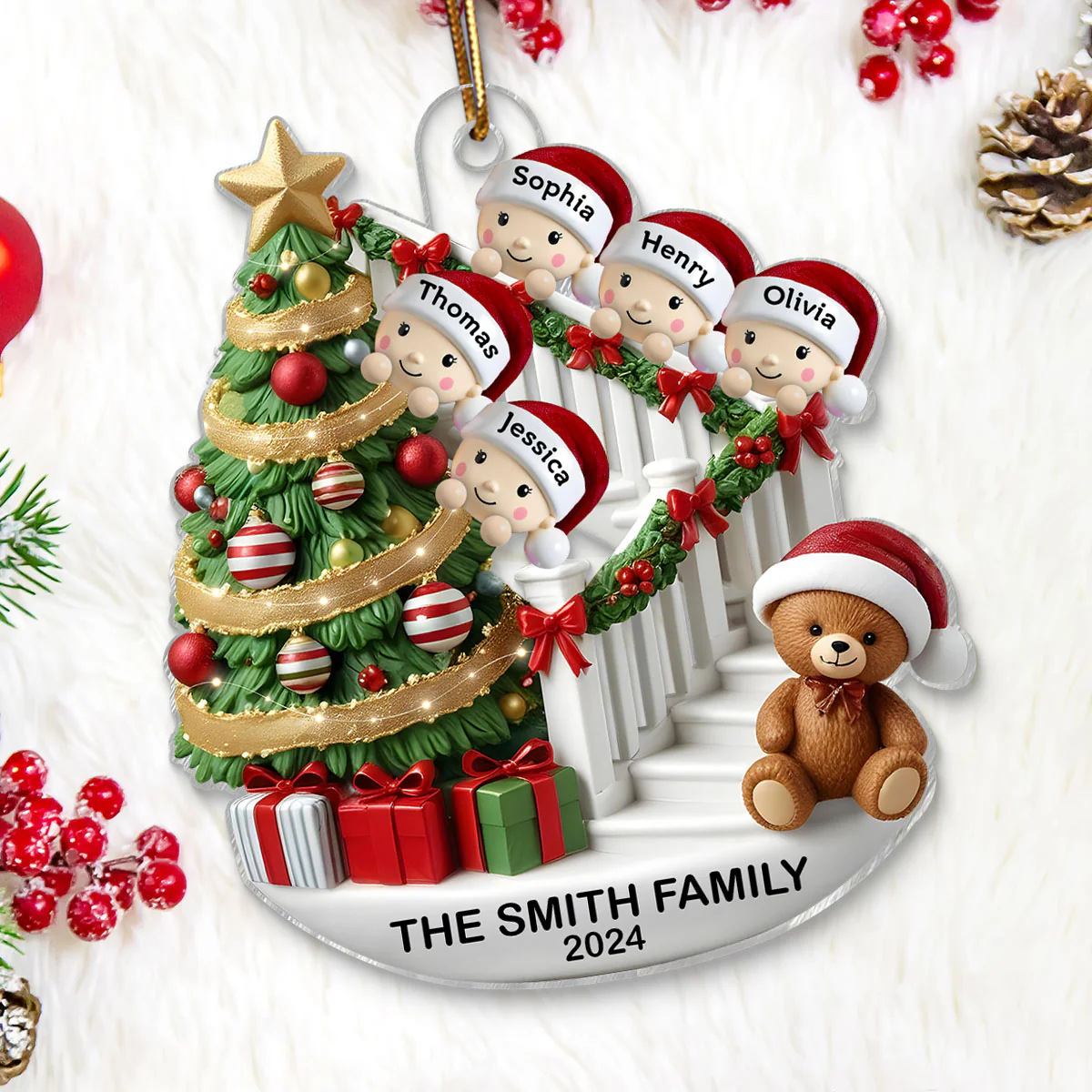 Family Members On Christmas Stairs 3D Effect Personalized Acrylic Flat Ornament - Image 4