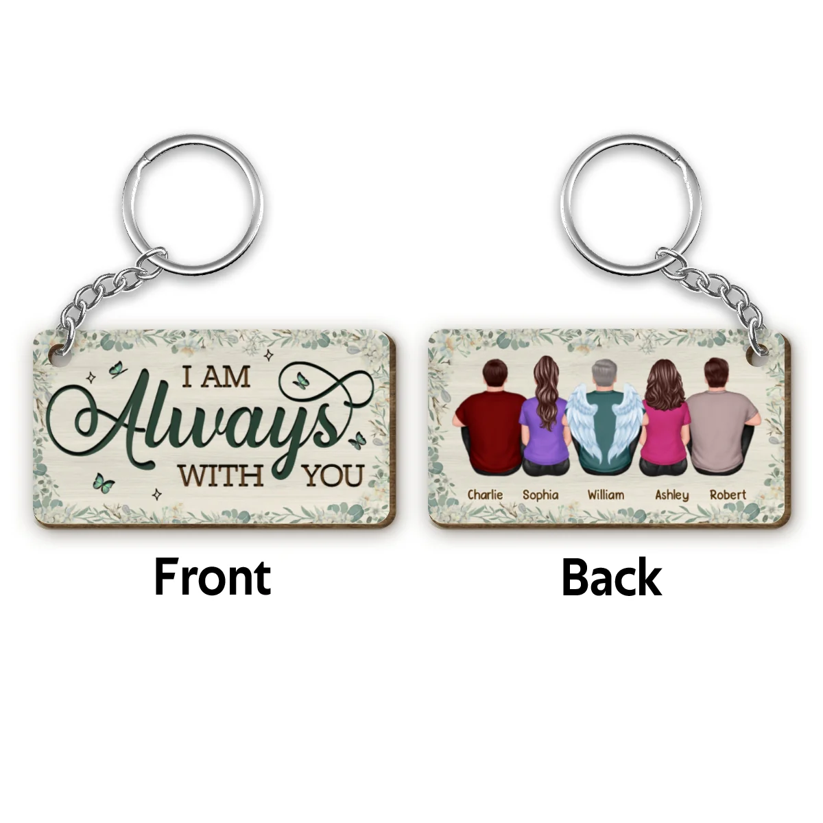 Family Memorial Green Leaves Flowers Remembrance Gift Personalized Wooden Keychain - Image 4