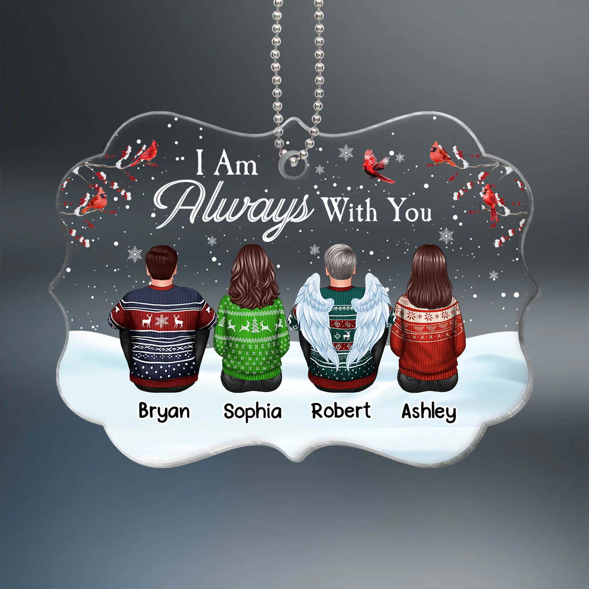 Family Memorial In Snow Cardinals Personalized Acrylic Ornament - Image 2