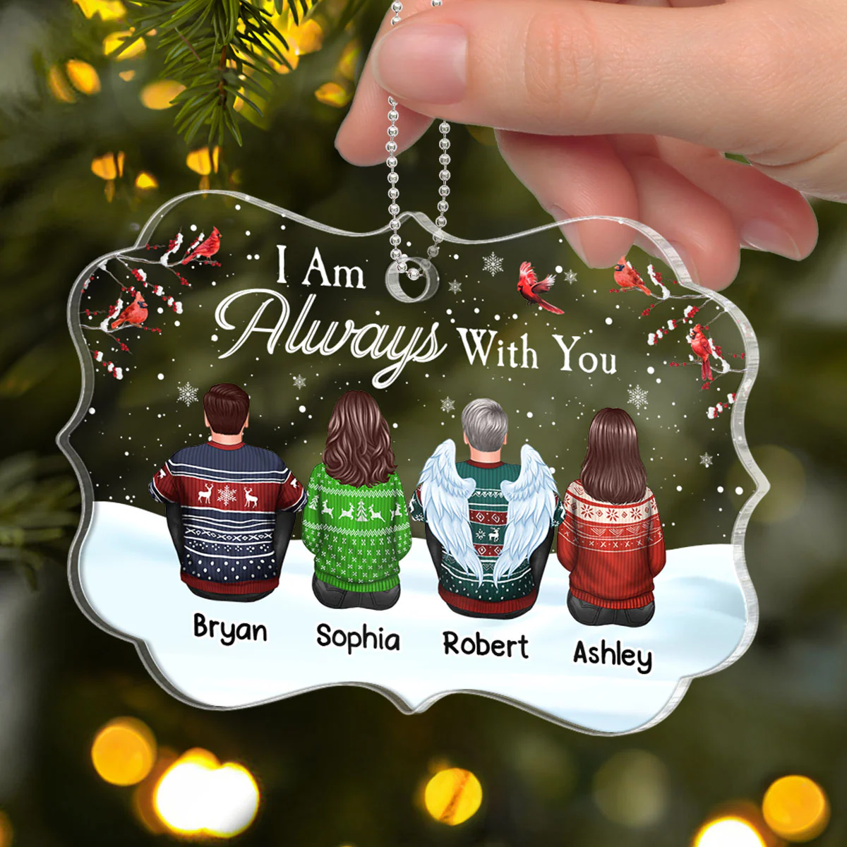 Family Memorial In Snow Cardinals Personalized Acrylic Ornament - Image 3