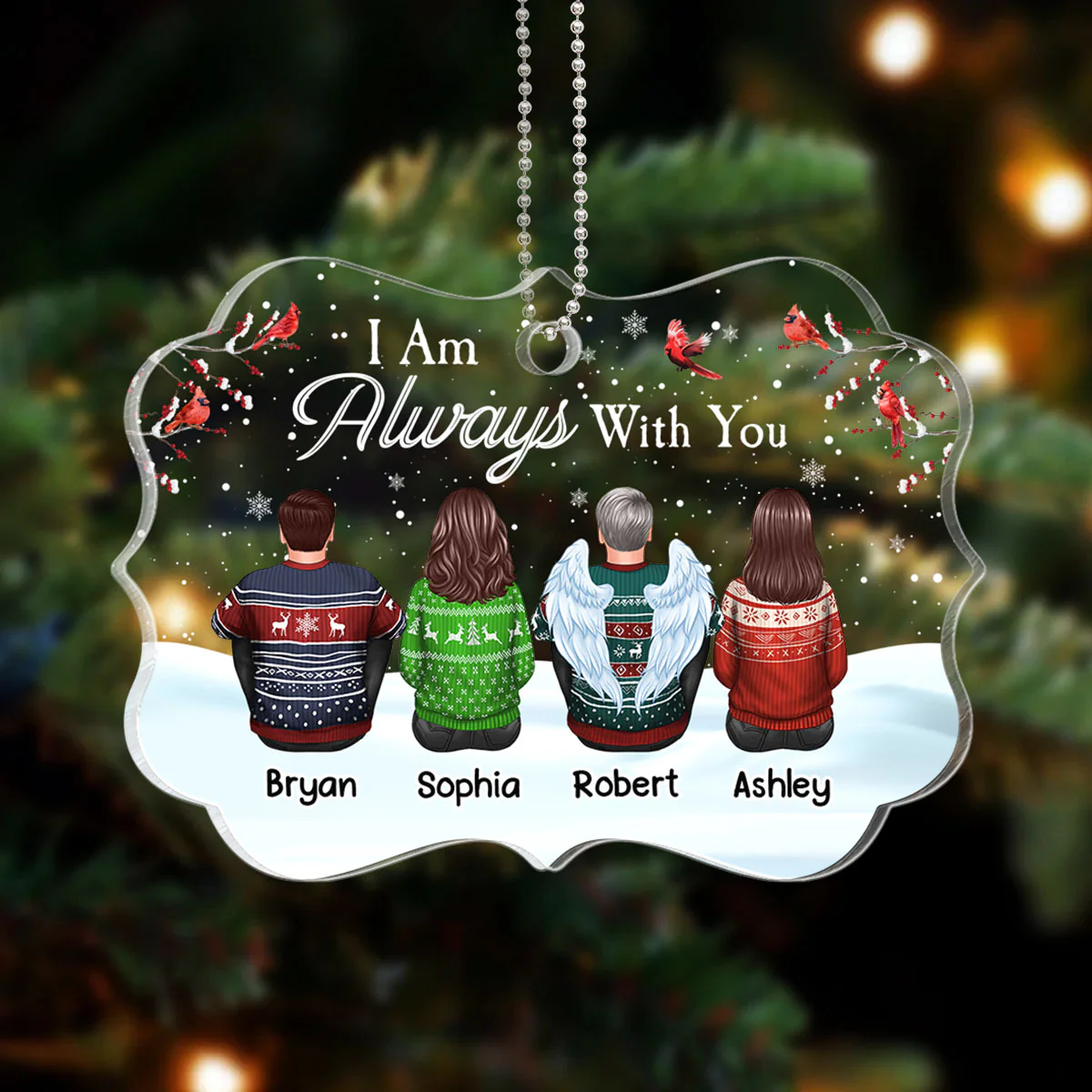 Family Memorial In Snow Cardinals Personalized Acrylic Ornament - Image 4