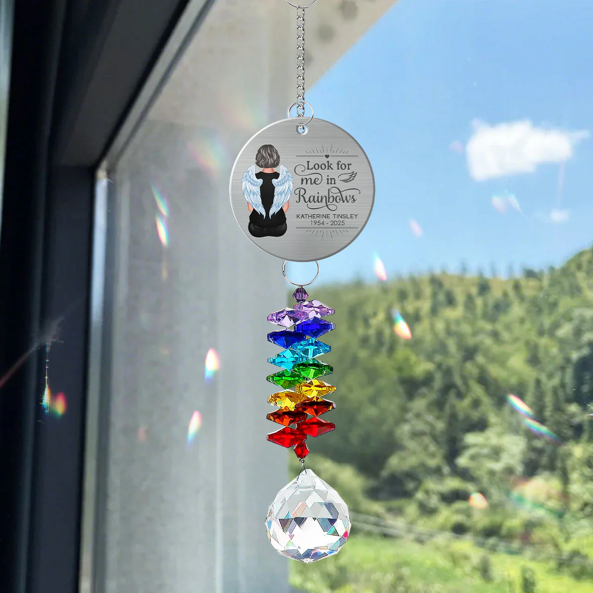 Family Memorial Look For Me In Rainbows Personalized Crystal Suncatcher With Aluminum Charm - Image 7