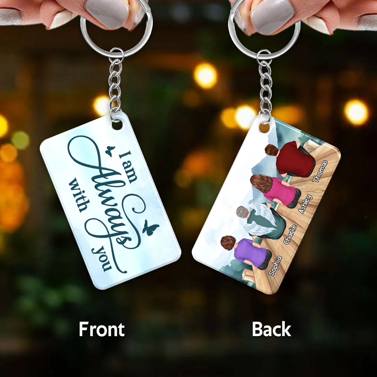 Family Memorial Remembrance Gift People Sitting On Bridge Forest Theme Personalized Acrylic Keychain - Image 3