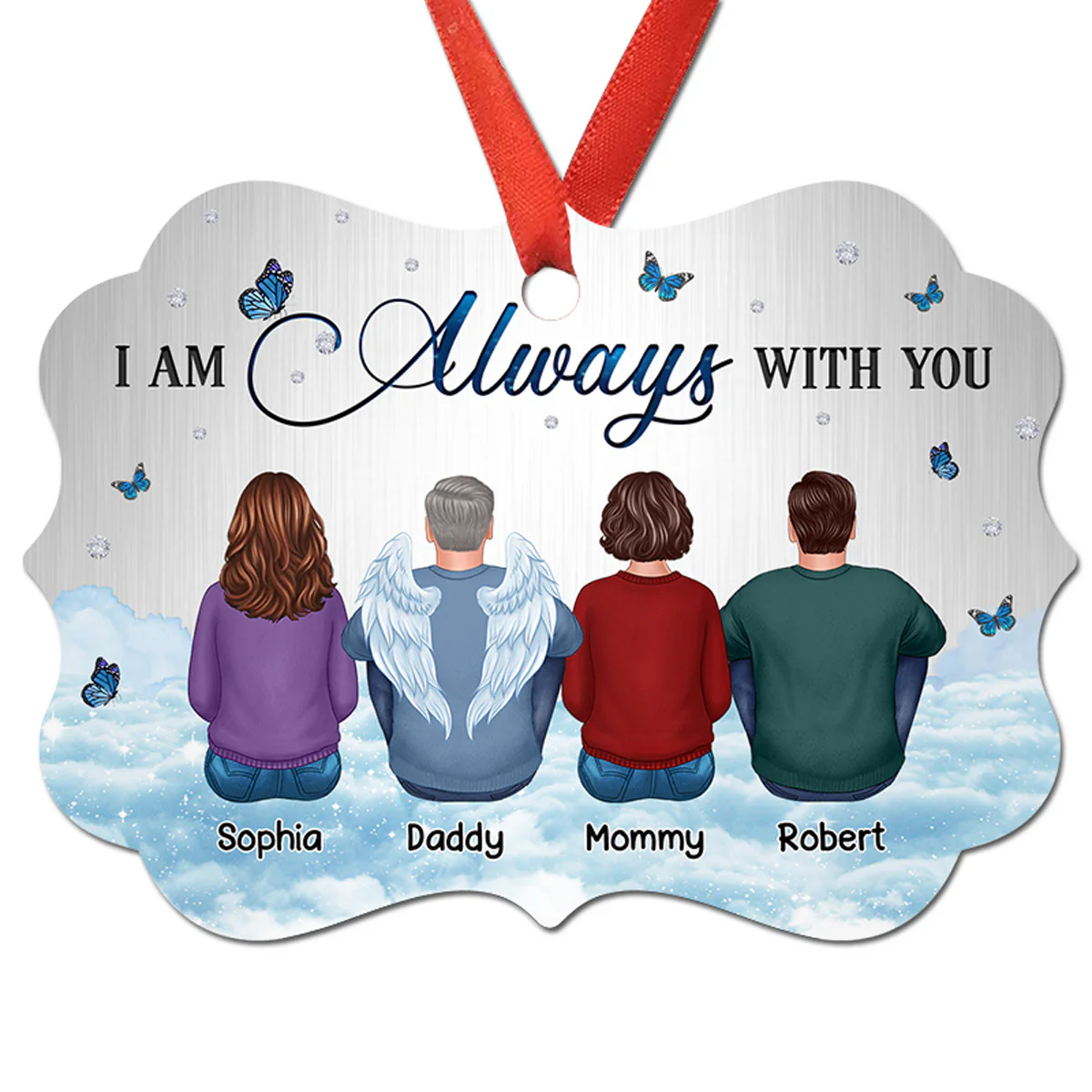 Family Memorial Sitting Sky Metal Background Personalized Christmas Ornament - Image 2