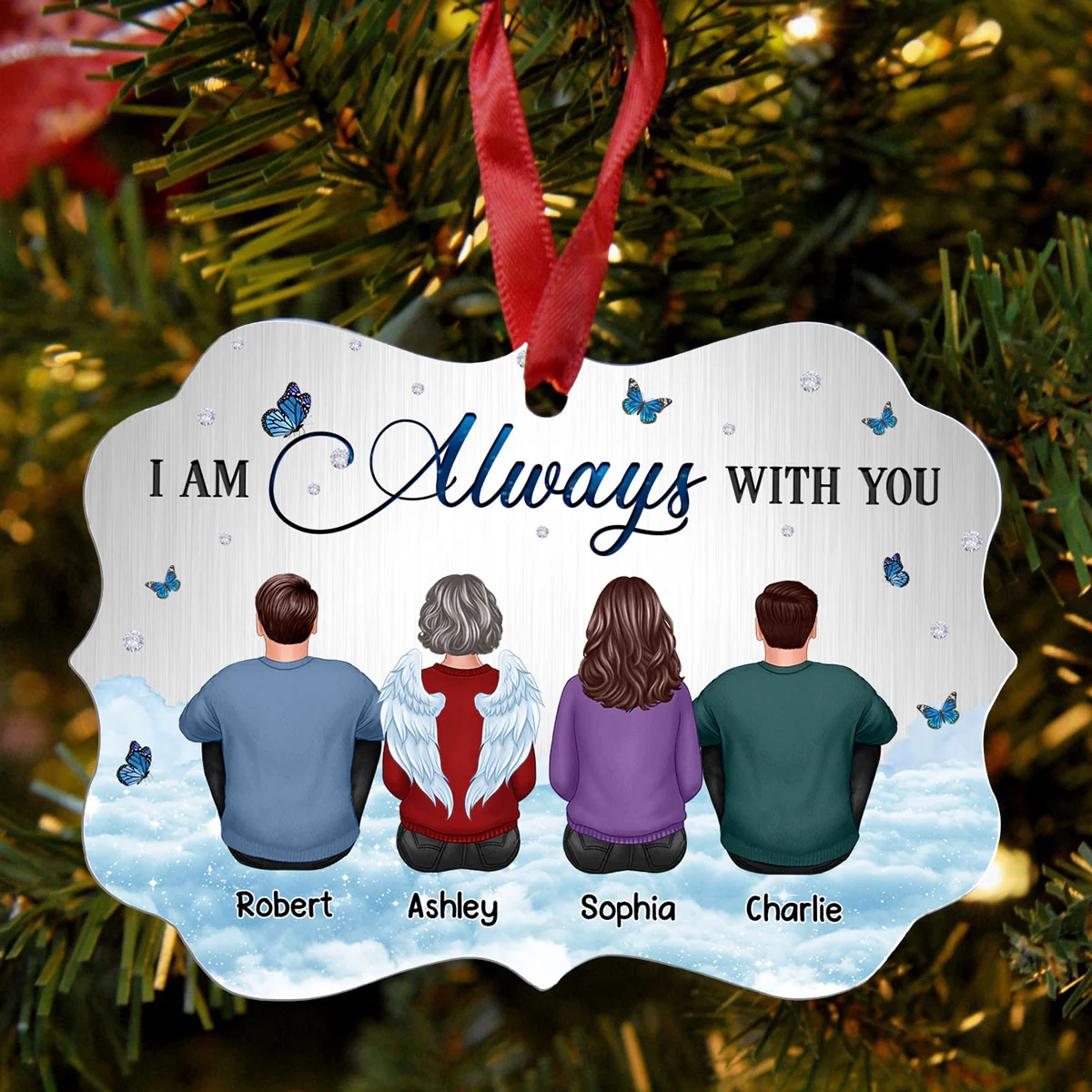 Family Memorial Sitting Sky Metal Background Personalized Christmas Ornament - Image 3