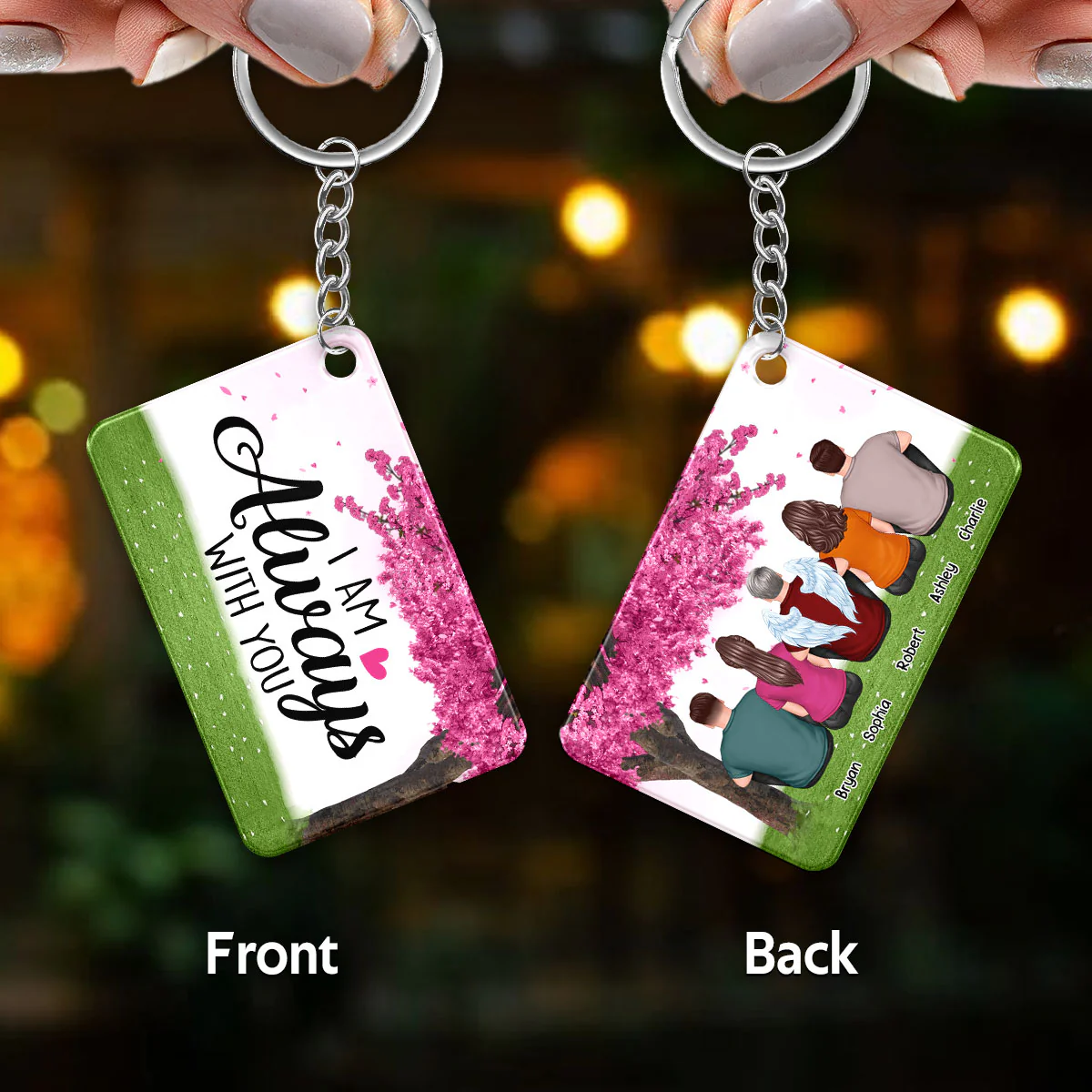 Family Memorial Under Pink Tree Remembrance Gift Personalized Acrylic Keychain - Image 3