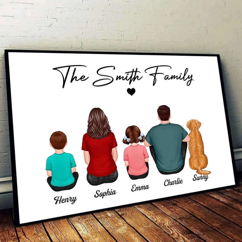 Family Name Couple Kid Dog Cat Back View Simple Personalized Horizontal Poster - Image 2