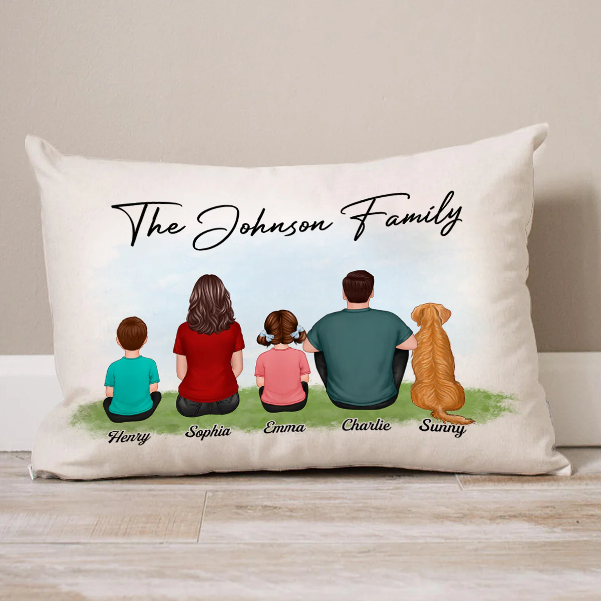 Family Name Family Back View Sitting Kid Dog Cat Personalized Pillow - Image 2