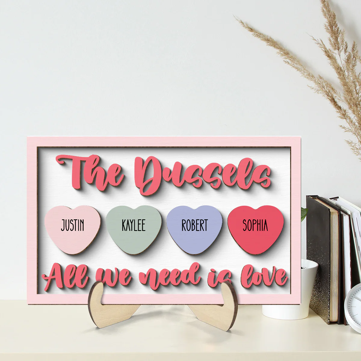 Family Name Sign All We Need Is Love Personalized 2-Layer Wooden Plaque - Image 2