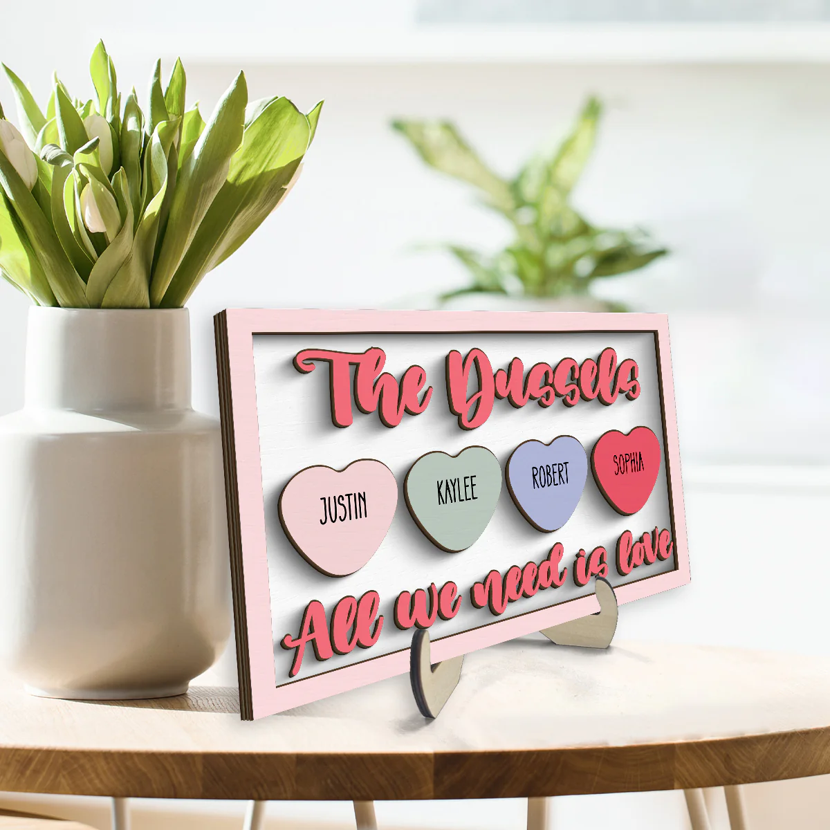 Family Name Sign All We Need Is Love Personalized 2-Layer Wooden Plaque - Image 3
