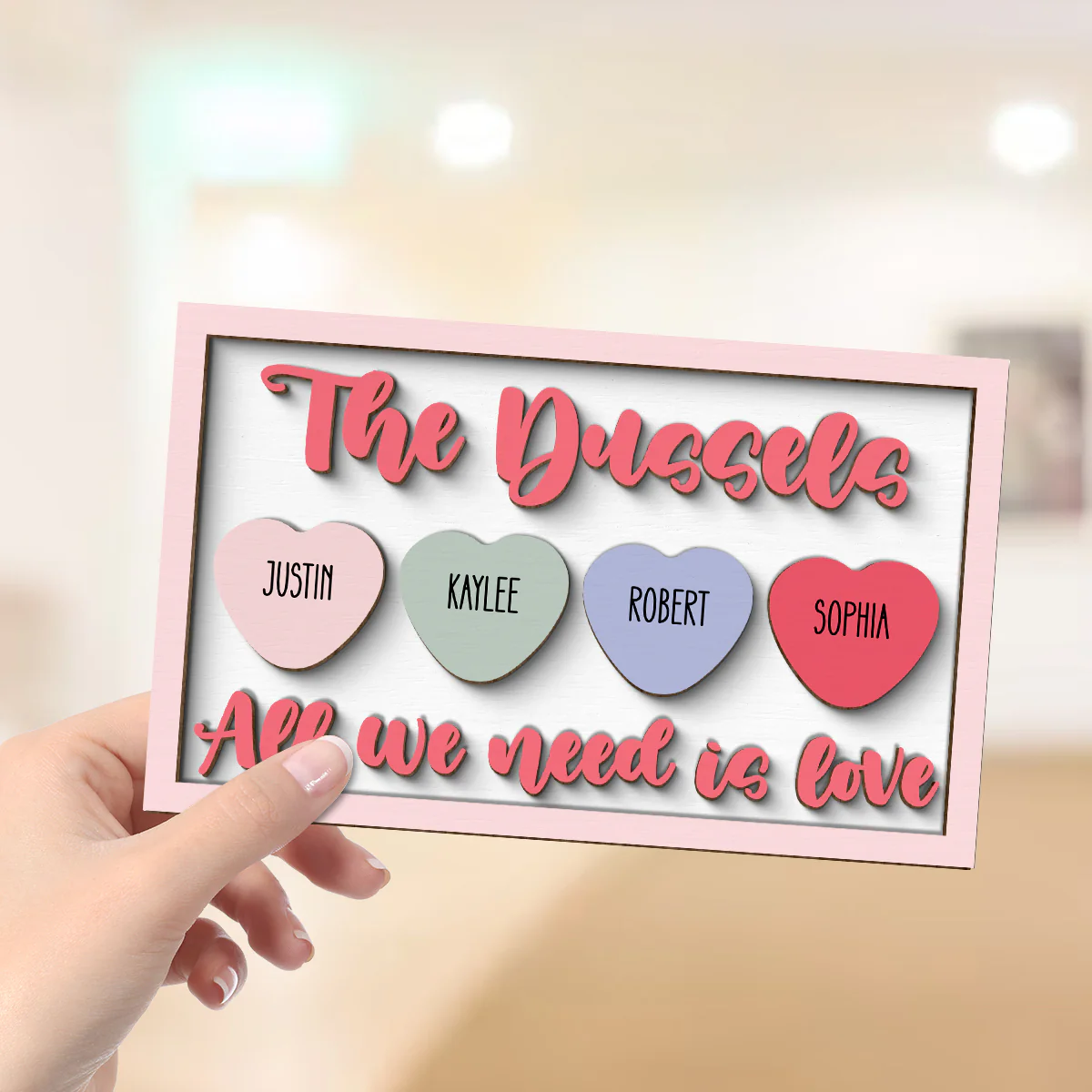 Family Name Sign All We Need Is Love Personalized 2-Layer Wooden Plaque - Image 4