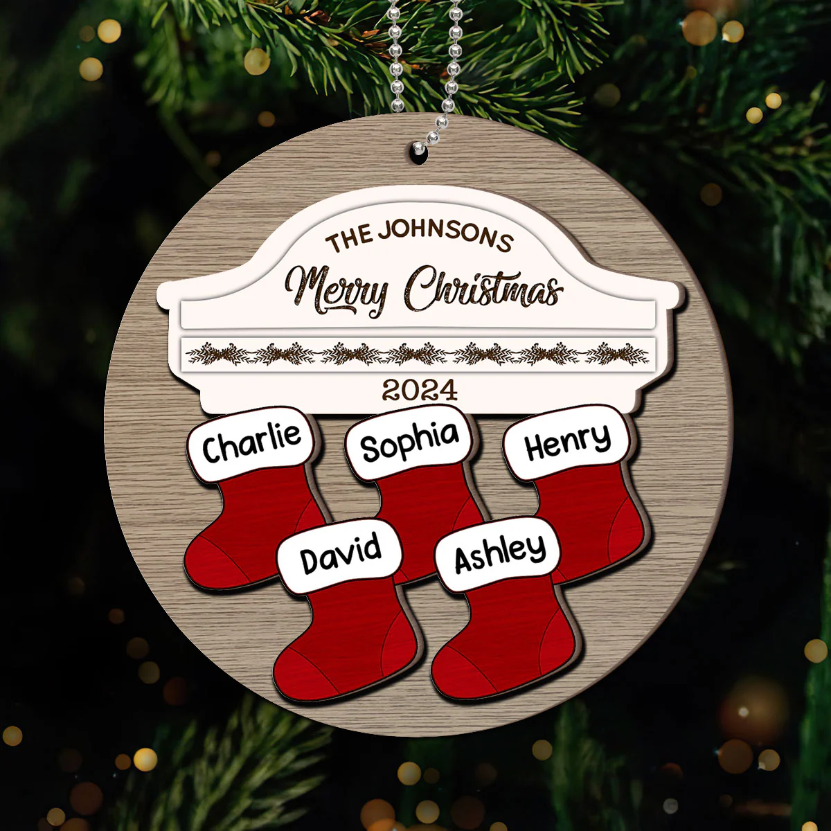 Family Name Stocking Christmas Decor Personalized 2-Layer Wooden Ornament