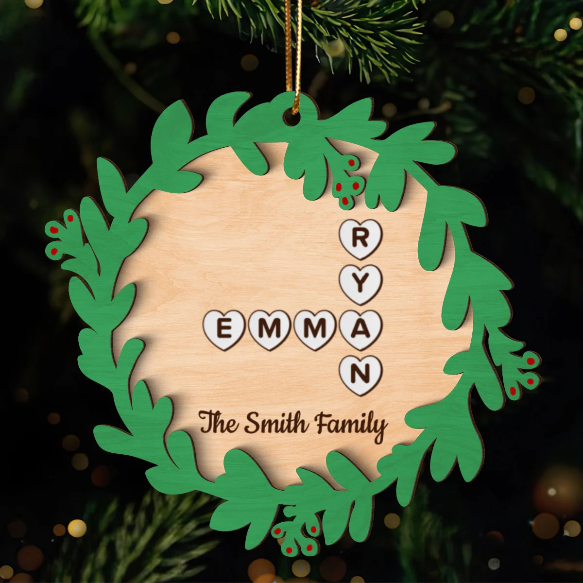Family Names Crossword Puzzle Art Wreath Shaped Personalized 2-Layer Wooden Ornament - Image 11