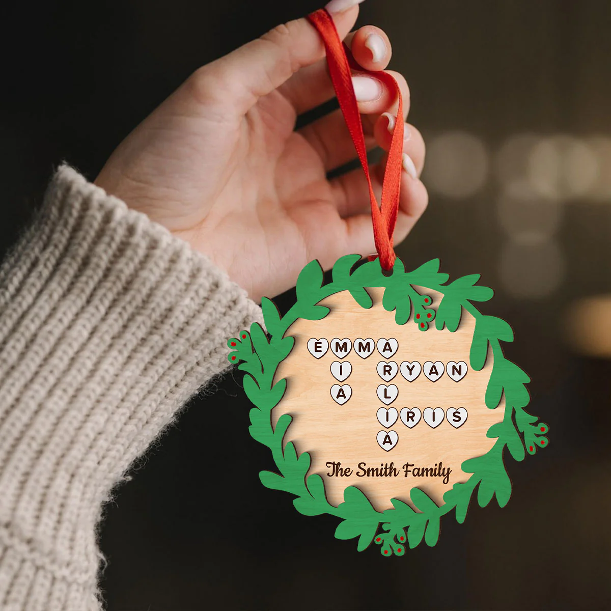 Family Names Crossword Puzzle Art Wreath Shaped Personalized 2-Layer Wooden Ornament - Image 2