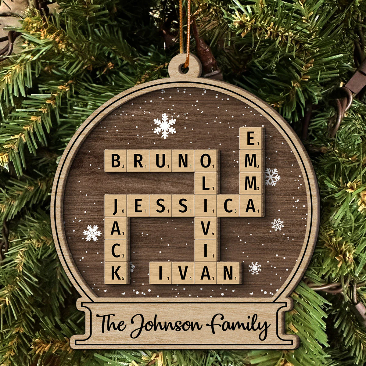 Family Names In Snow Globe Crossword Puzzle Art Personalized 2-Layer Wooden Ornament, Christmas Decor, Christmas Gift For Families - Image 3