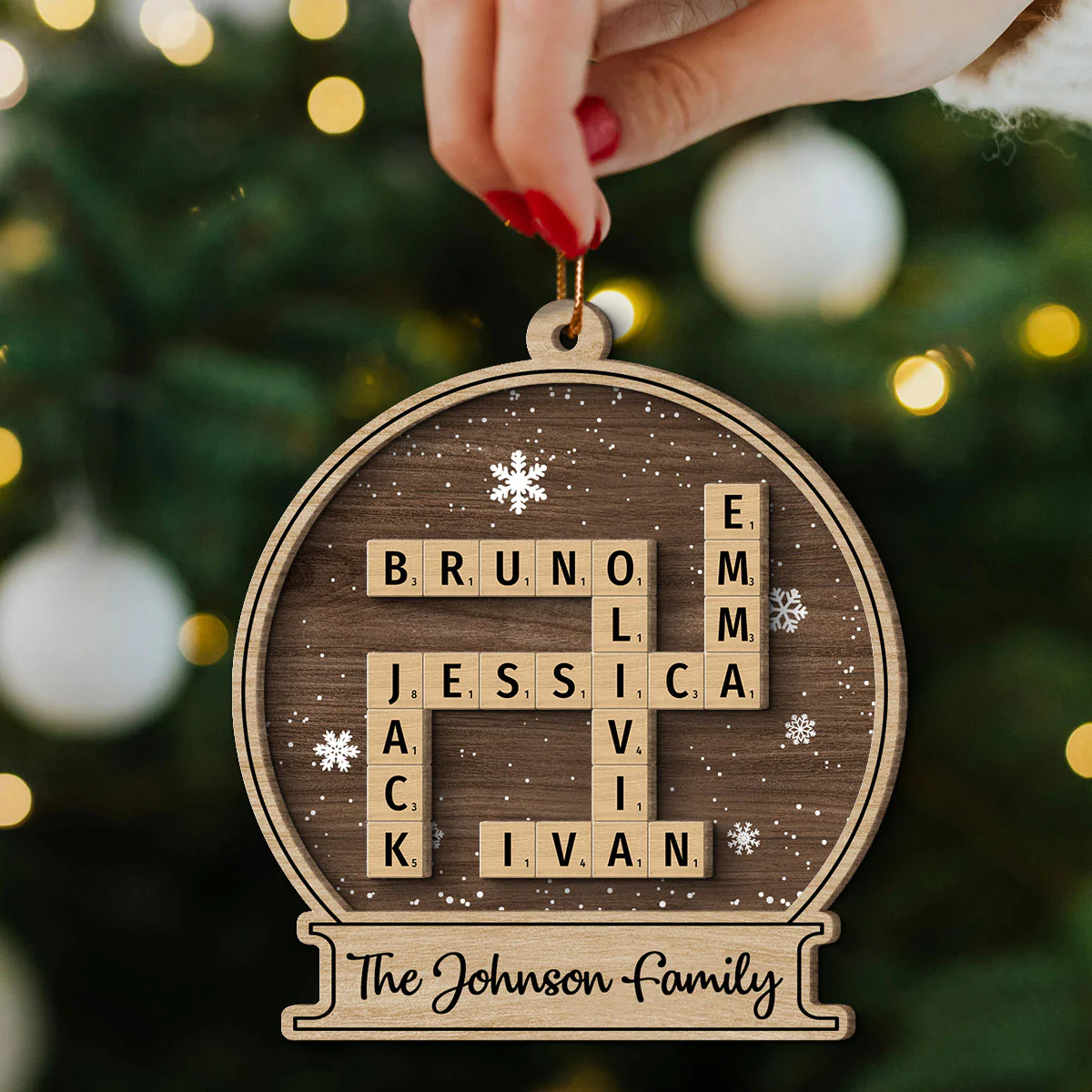 Family Names In Snow Globe Crossword Puzzle Art Personalized 2-Layer Wooden Ornament, Christmas Decor, Christmas Gift For Families - Image 4
